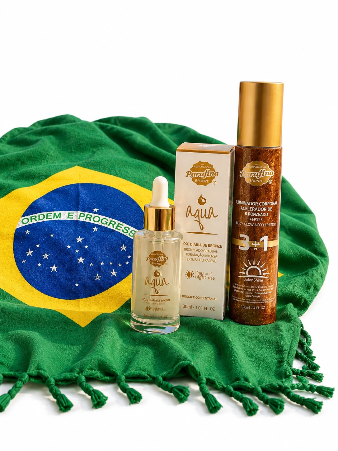 Kit Glow do Brasil- Booster Autobronzeador + Solar Shine Iluminador + Canga do Brasil
